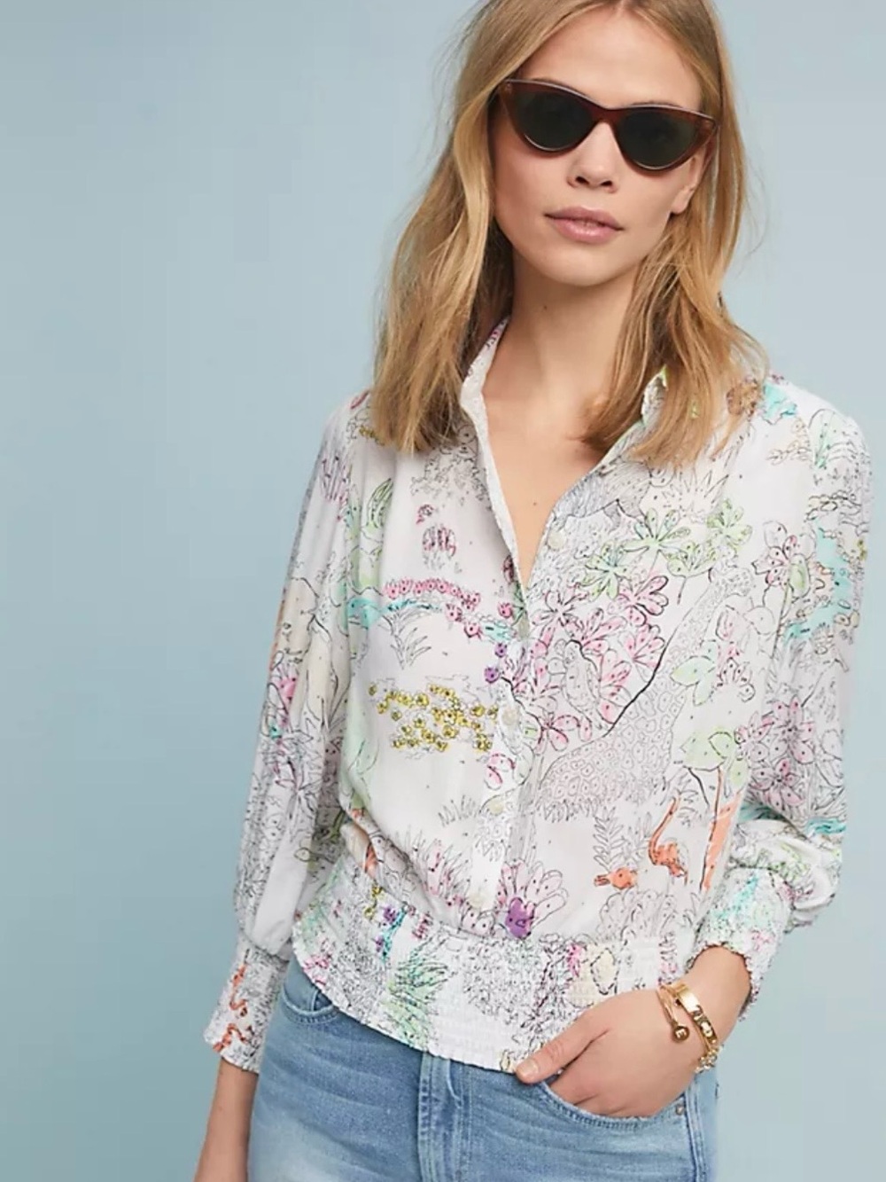 Anthropologie White Button-Down Blouse with Pastel Garden Print